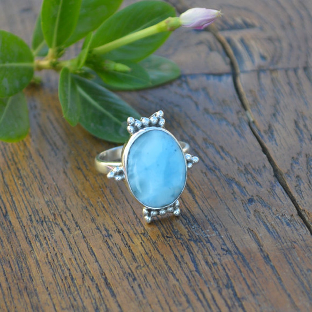 Natural Dominican Larimar Gemstone Ring, 925 Sterling Silver Ring