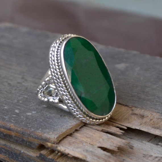 Oval Cabochon Emerald Ring Diamond Halo Large Swirls Design Ring