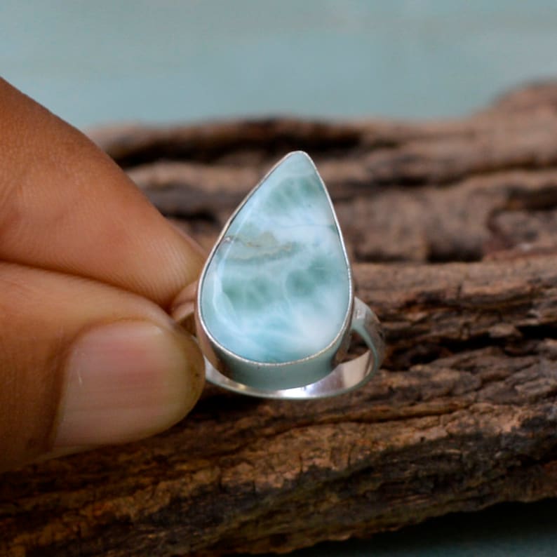 Larimar Gift Ring 925 Sterling Silver Ring Bezel Set Simple Gift Ring Jewelry Pear Larimar Ring Natural Dominican Larimar Gemstone Ring