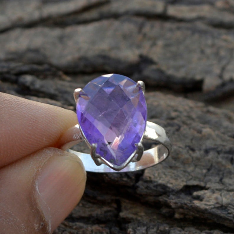 February Birthstone Ring Natural Purple Checker Cut Amethyst Gemstone Ring 925 Sterling Silver Ring Purple Amethyst Gift Ring Jewelry