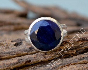 Blue Sapphire Gemstone Ring, Bezel Setting Silver Ring, 925 Sterling Silver Ring, Round Faceted Sapphire Ring , Blue Sapphire Ring Ring