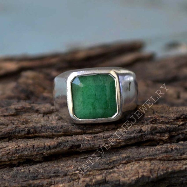 Emerald Ring, Emerald 925 Sterling Silver Ring, Natural Octagon Emerald Gemstone Ring, Men's Gift Ring, May Birthstone Ring, Designer Ring