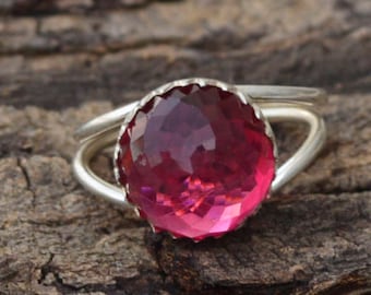 Rose Cut Rhodolite Garnet Ring, Round Garnet Ring, 925 Sterling Silver Ring, Designer Prong Ring, Gift For Her, Rhodolite Ring, Double Band