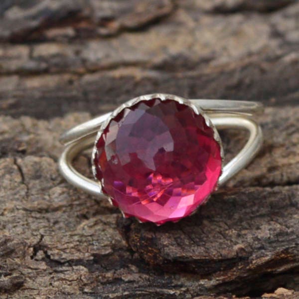 Rose Cut Rhodolite Garnet Ring, Round Garnet Ring, 925 Sterling Silver Ring, Designer Prong Ring, Gift For Her, Rhodolite Ring, Double Band