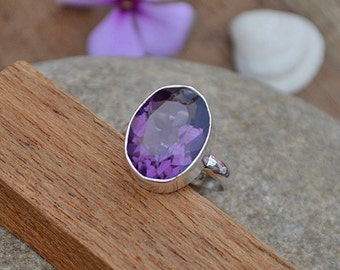 Amethyst Ring - 925 Sterling Silver Ring - Oval Cut Purple Gift Ring Jewelry - February Birthstone Ring - Bezel Work Ring- Yellow Gold Ring