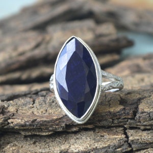 Blue Sapphire Gemstone Ring, Marquise Sapphire Ring, 925 Sterling Silver Ring, Faceted Sapphire Ring, Birthstone Designer Band Gift Ring