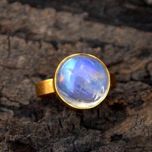 Matte Finish 14K Yellow Gold Ring- Round Rainbow Moonstone Ring -June Birthstone Gift Ring -Moonstone Gemstone Gold Ring -Wedding Gift Ring