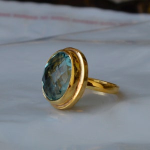 Checker Cut Apatite Ring, Sterling Silver Yellow Gold Ring, Apatite ...