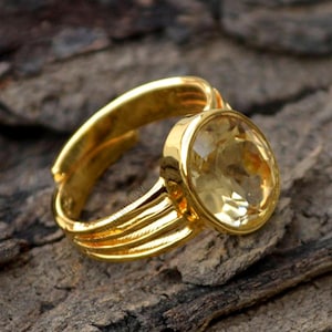 Natural Citrine Gemstone Ring -Sterling Silver Yellow Gold Ring- Christmas Gift Designer Ring - November Birthstone Ring- Adjustable Size