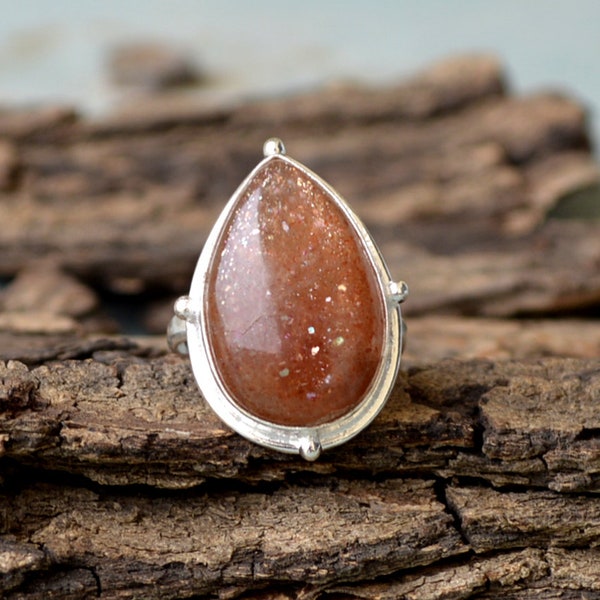 Natural Sunstone Gemstone Ring - Oregon Sunstone Cabochon Ring - Large Ring - Sunstone and 925 Sterling Silver Ring - Pear Sunstone Ring