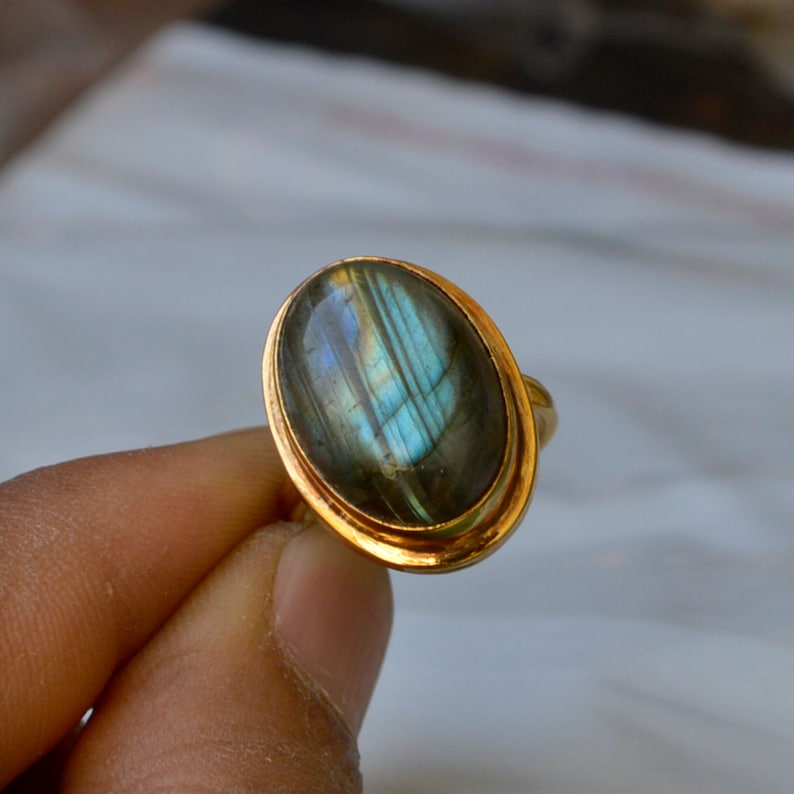 Labradorite Ring Fire Labradorite Ring Bezel Labradorite Ring Blue Red Fire Labradorite Gemstone Ring Sterling Silver Yellow Gold Ring