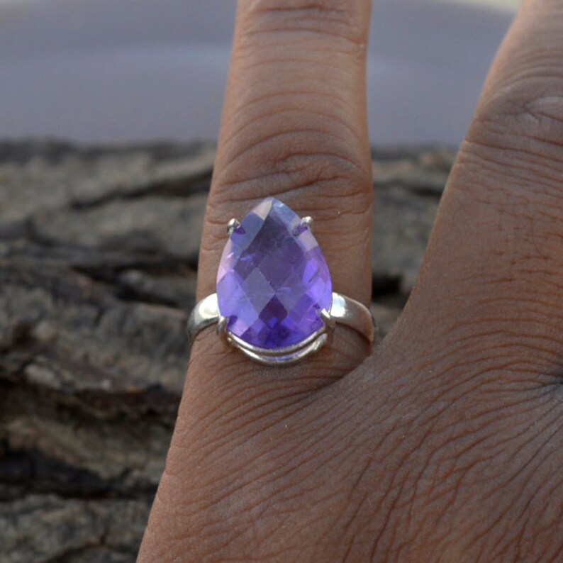 February Birthstone Ring Natural Purple Checker Cut Amethyst Gemstone Ring 925 Sterling Silver Ring Purple Amethyst Gift Ring Jewelry