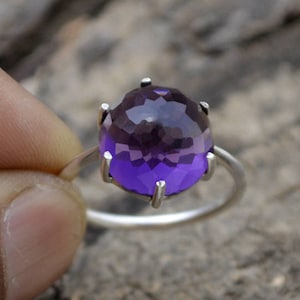 Rose Cut Amethyst Ring, Round Purple Amethyst Ring, 925 Sterling Silver Ring, Prong Set Ring, Purple Ring, Gift For Her, Birthstone Ring