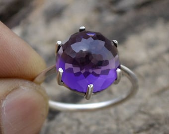 Bague en améthyste rose coupée, bague ronde en améthyste violette, bague en argent sterling 925, bague à broches, bague violette, cadeau pour elle, bague en pierre de naissance