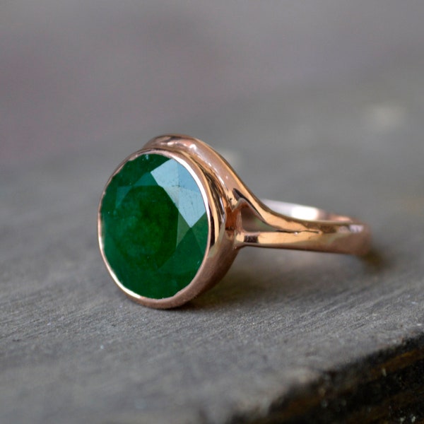 Natural Emerald Ring, Sterling Silver Rose Gold Ring, Round Emerald Ring, Designer Statement Ring, May Birthstone Ring, Round Gemstone Ring