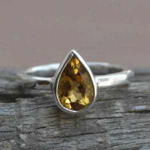 Natural Citrine Ring, Pear Cut Citrine Gemstone Ring, 925 Sterling Silver Ring, Yellow Citrine Ring, Birthstone Ring, Bezel Set Ring Jewelry