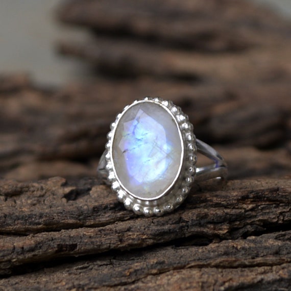 Bold and Clear Rainbow Moonstone and Sterling Silver Ring Bold and Clear Rainbow Moonstone and Sterling Silver Ring