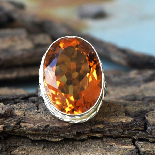 Madeira Citrine Ring, 925 Sterling Silver Ring, Large Citrine Quartz Ring, Classic Bold Ring ,Designer Band Ring, Large Check Cut Gift Ring