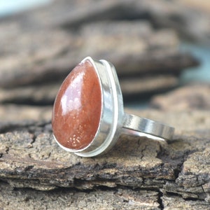 Sunstone Gemstone Ring -Oregon Pear Sunstone Cabochon Ring -Orange Ring -Sunstone and 925 Sterling Silver Ring -Bezel Set Sunstone Ring