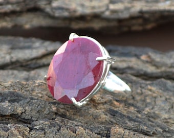 MayaRuth Sterling Silver Cocktail Ring - Created Ruby Red Gemstone With CZ Accents (Oval Shape, Vintage Style)