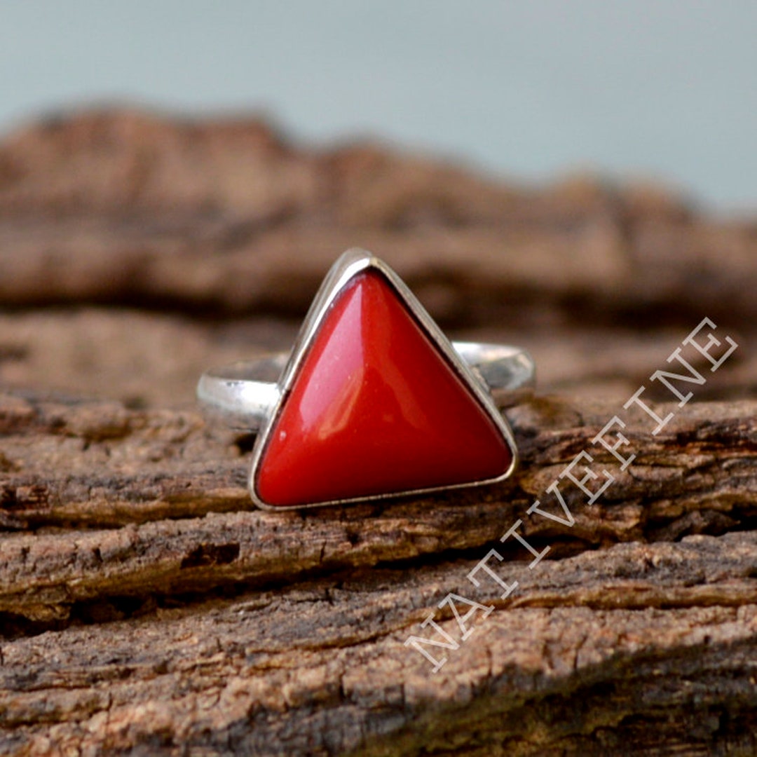 Red Coral Gemstone Ring - 925 Sterling Silver Ring -trillion