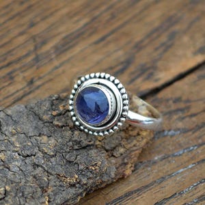 Natural Iolite Gemstone Ring, Modern Iolite Round Cabochon Ring, September Birthstone Ring, Yellow Gold Iolite Ring, Designer Iolite Ring