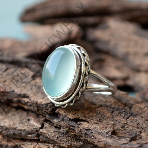 55 Carat Natural Aqua Chalcedony Ring In 925 Sterling Silver - Handmade Size 4-12