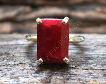 Raw Ruby Ring: Octagon Red Gemstone, Sterling Silver Statement Ring