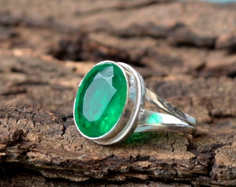 Oval Emerald Ring: Bezel Set 925 Sterling Silver Artisan Ring