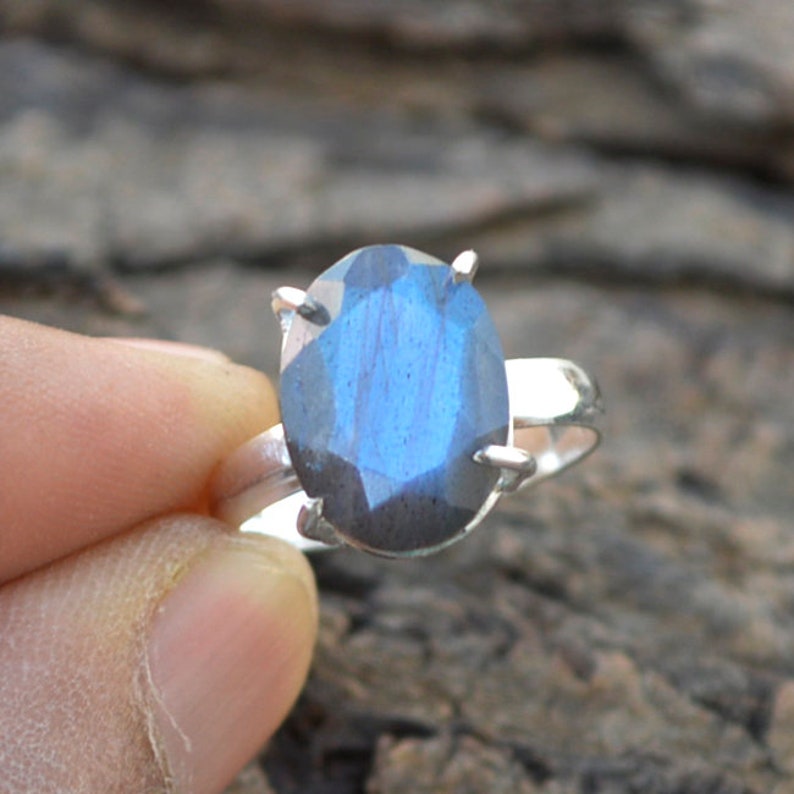 Fire Labradorite Gift Ring 925 Sterling Silver Ring Natural Gemstone Ring Prong Set Labradorite Ring Faceted Labradorite Gemstone Ring