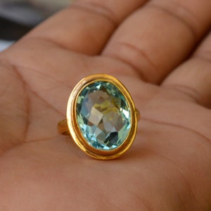 Checker Cut Apatite Ring, Sterling Silver Yellow Gold Ring, Apatite Quartz Ring, Unique Gift Ring , Green Quartz Ring, Yellow Gold Bold Ring