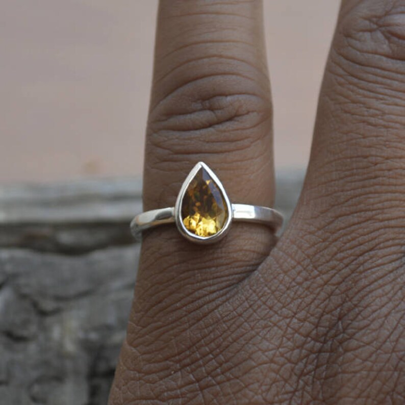 Bague en citrine naturelle, bague en pierre précieuse de citrine taille poire, bague en argent sterling 925, bague en citrine jaune, bague en pierre de naissance, bijoux de bague sertie de lunette image 2