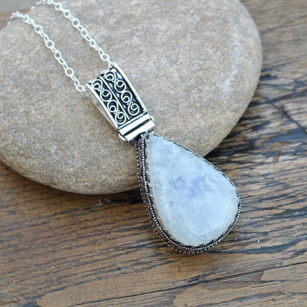 Moonstone and Sterling Silver Chain- Moonstone Necklace- Moonstone Jewelry- Large Fire Rainbow Moonstone Pendant Chain -Moonstone, SLA2