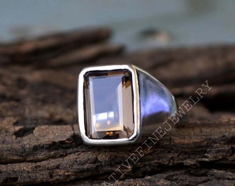 Smoky Quartz Ring, Smoky 925 Sterling Silver Ring, Natural Octagon Smoky Quartz Gemstone Ring, Unisex Gift Ring, Birthstone Gift Ring
