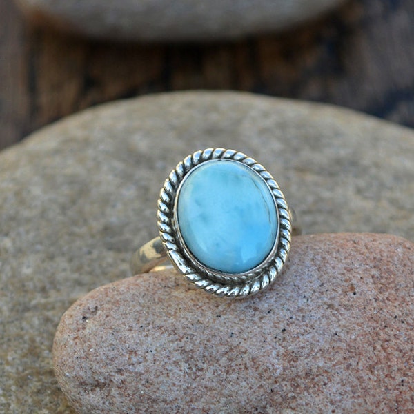 Dominican Larimar Gemstone Ring - Turtleback Larimar Ring -925 Sterling Silver Larimar Gift Ring -Available In Yellow Gold- Designer Larimar