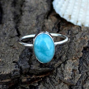 Dominican Larimar Gemstone Ring- Bezel Setting Statement Ring- 925 Sterling Silver Ring- Larimar Gemstone Gift Ring- Oval Cab Larimar Ring