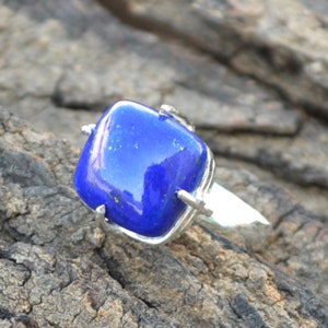 Véritable Bague lapis Lazuli Gemstone - Bague en pierre de naissance 925 argent - Bijoux en bague de pierre précieuse coussin - Bague de birthstone junuaire - Bague en or jaune