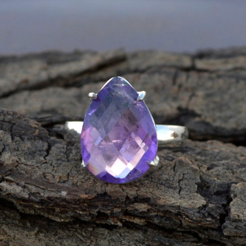 February Birthstone Ring Natural Purple Checker Cut Amethyst Gemstone Ring 925 Sterling Silver Ring Purple Amethyst Gift Ring Jewelry