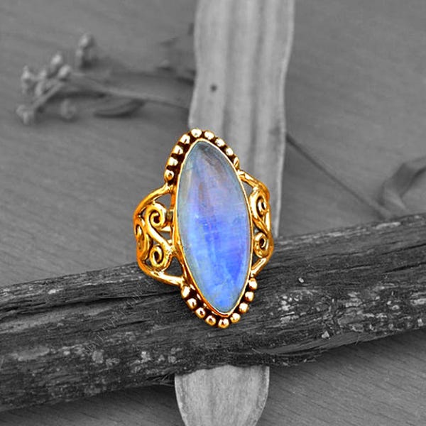 Marquise Rainbow Moonstone Ring: Yellow Gold Artisan Jewelry