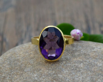 Bague en améthyste pourpre - Bague en quartz améthyste en or jaune argent sterling - Bague cadeau en pierre précieuse - Bague en pierre de naissance de février - Bague cadeau violette