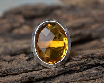 Madeira Citrine Ring: Large Oval Checker Cut, 925 Sterling Silver