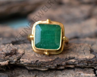 Genuine Raw Emerald Ring, Sterling Silver Yellow Gold Ring, Green Emerald Ring, Designer Statement Ring, May Birthstone Ring, Emerald Ring