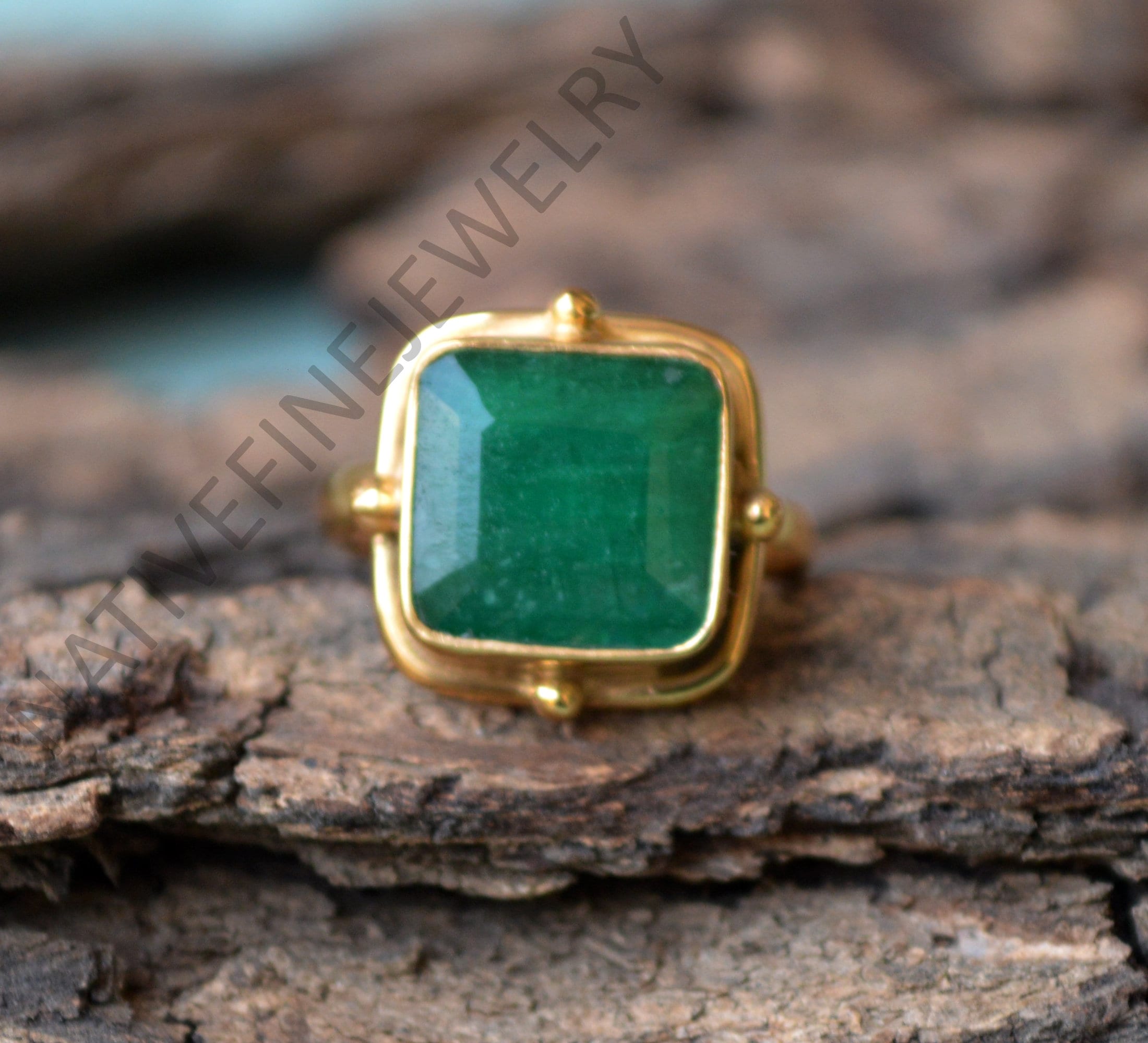 Raw Emerald Ring: Sterling Silver Yellow Gold, May Birthstone