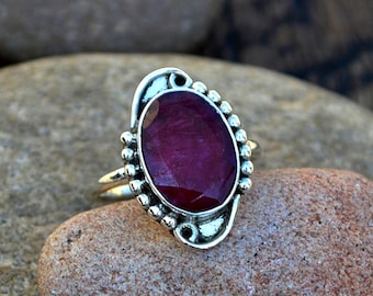 Faceted Ruby Ring: Sterling Silver Bezel Statement Ring