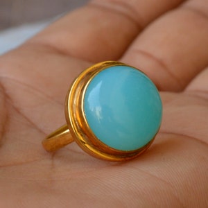 Sea Foam Chalcedony Ring: Round Gemstone, Bezel Set, Gold & Silver