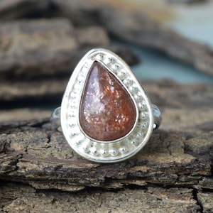 Sunstone Gemstone Ring -Oregon Pear Sunstone Cabochon Ring -Orange Ring -Sunstone and 925 Sterling Silver Ring -Designer Sunstone Gift Ring