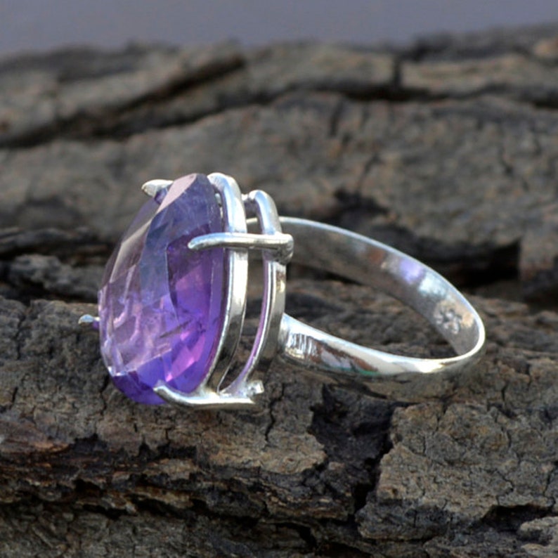 February Birthstone Ring Natural Purple Checker Cut Amethyst Gemstone Ring 925 Sterling Silver Ring Purple Amethyst Gift Ring Jewelry