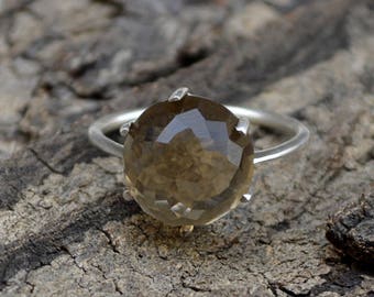 Rose Cut Smoky Quartz Ring, Round Smoky Quartz Ring, 925 Sterling Silver Ring, Prong Set Ring, Smoky Ring, Gift For Her, Lovely Gift Ring