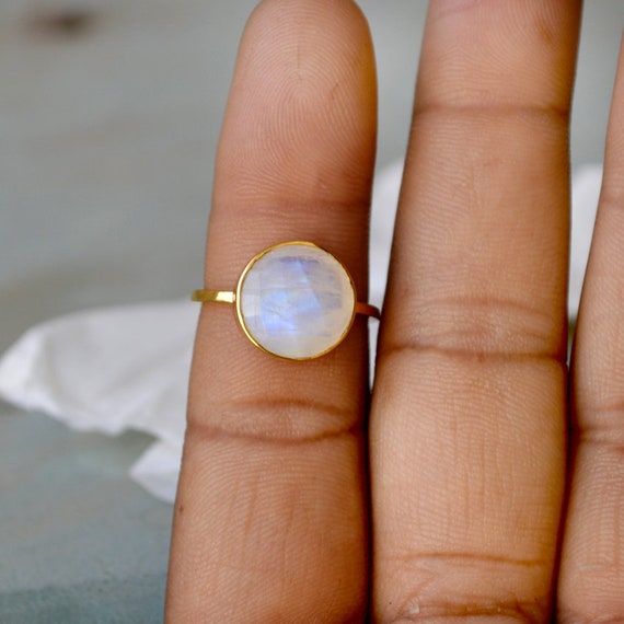 Bague Fiançailles Or Jaune 14K Massif - Pierre De Lune Naturelle Coussin Certifiée - Neuf