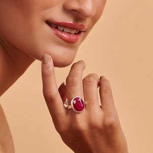 MayaRuth Sterling Silver Cocktail Ring - Created Ruby Red Gemstone With CZ Accents (Oval Shape, Vintage Style)